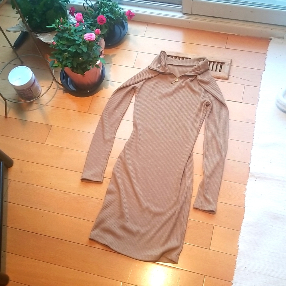 Brown Thin Ribbed Long Sleeve Dress